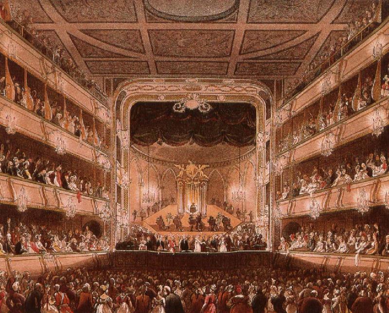 wolfgang amadeus mozart handel playing one of his organ concertos at the covent carden theatre in london. oil painting picture